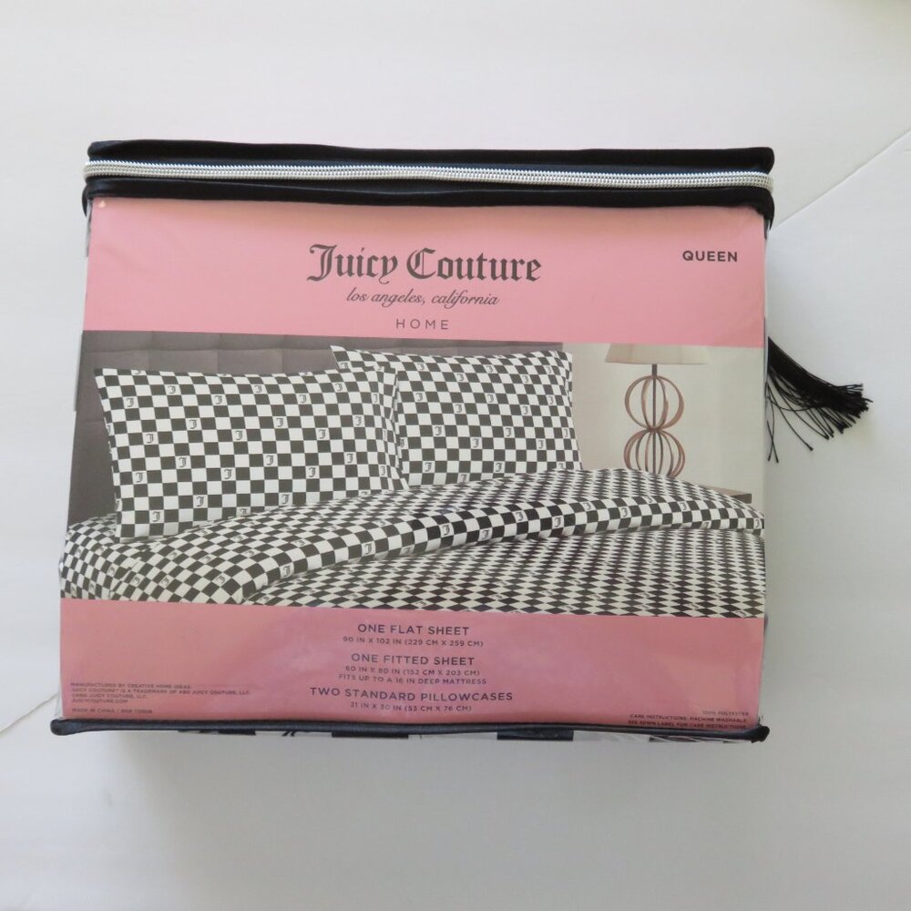 Juicy Couture 4 Pcs Black & White checkered Print Queen Sheet set